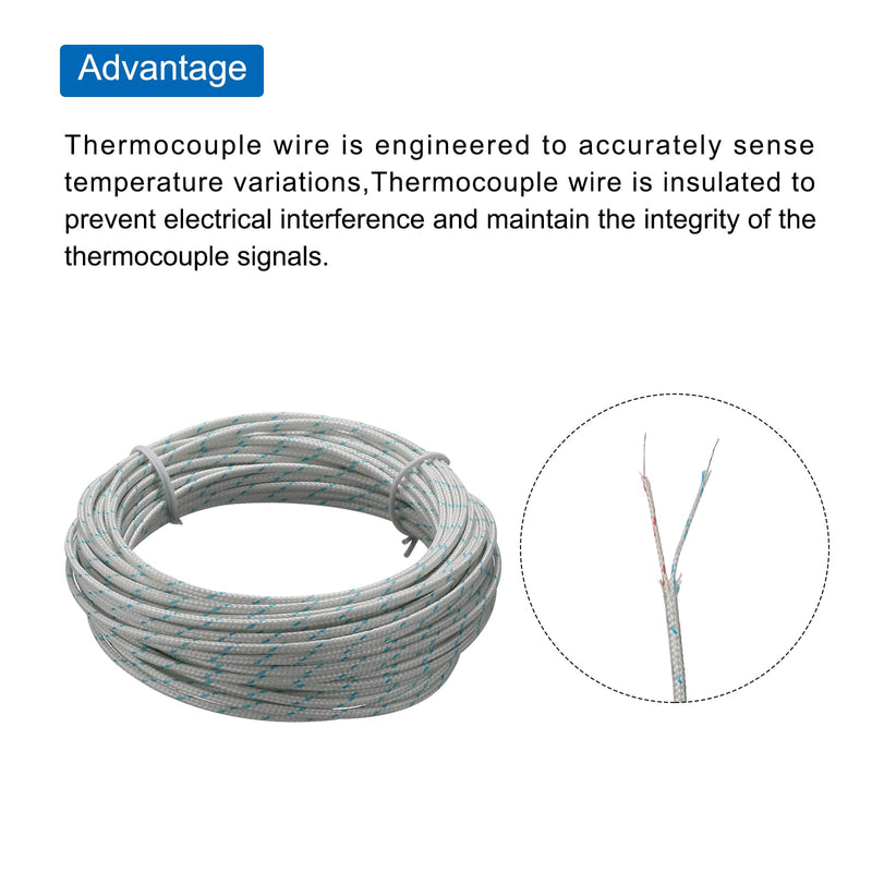 [Australia - AusPower] - MECCANIXITY AWG 24 K-Type 2x0.3 Thermocouple Wire Braided Fiberglass Insulation Up to 480°C/896°F 33 Ft for Thermocouple Probe Temperature Sensor 
