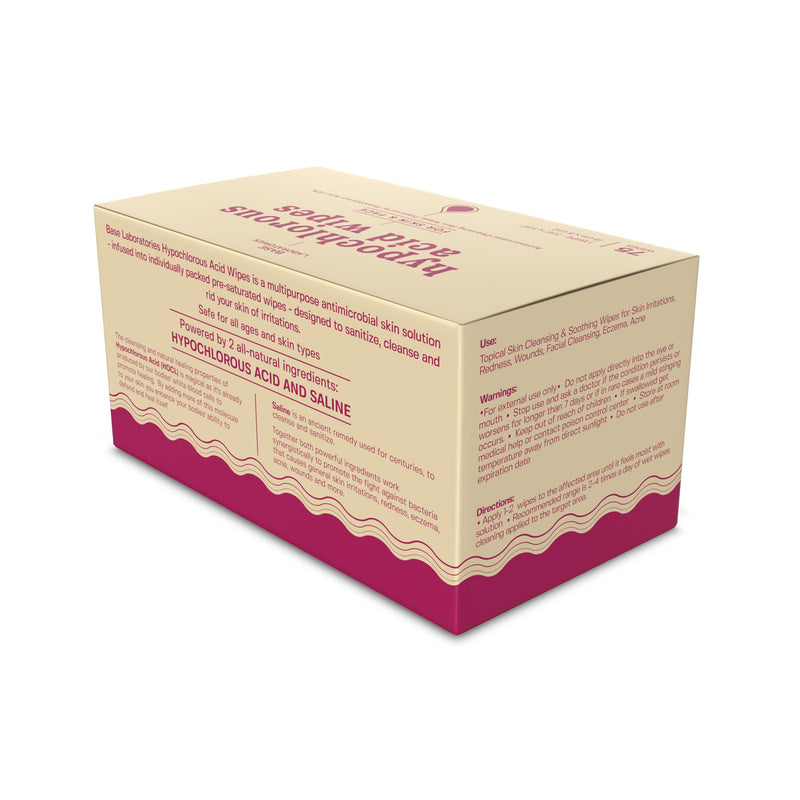 [Australia - AusPower] - BASE LABORATORIES Hypochlorous Acid Wipes | Saline Solution and HOCl Infused Wound Cleaning Wipes for Skin & Face | Cleanses, Sanitizes & Soothes Skin Irritations, Piercings, Acne & Eczema | 75 Wipes 75 Count (Pack of 1) 