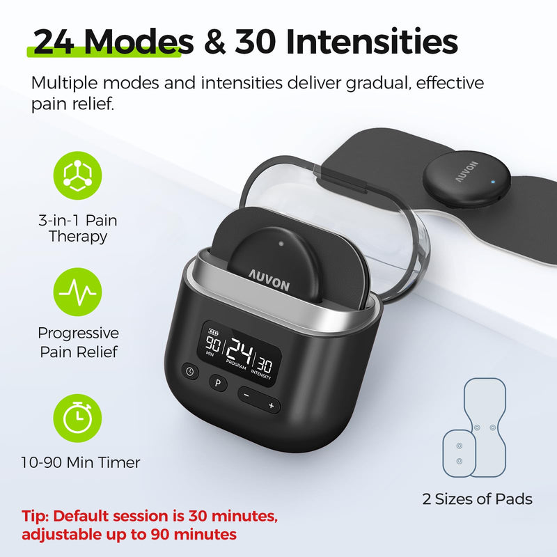 AUVON Wireless 24 Modes TENS Unit Muscle Stimulator for Pain Relief, Smart Rechargeable TENS Machine with Dual Size 6 TENS Pads for Physical Therapy, Pocket-Size TENS Device for Shoulder & Back Pain Black