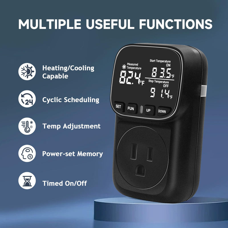 Temperature Controlled Outlet , 15A/1800W Digital Thermostat Outlet, Cyclic Timing/Countdown, -40℉~210℉ VA Display Heating Cooling Control Timer with 2Pcs Probe Cable for Reptile Incubator Black