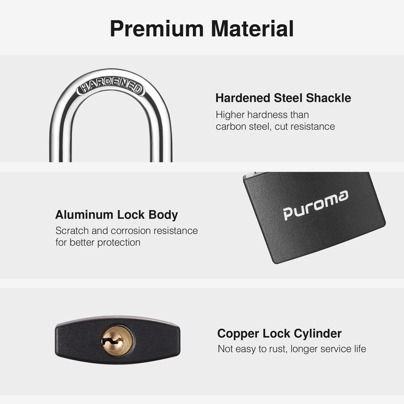 [Australia - AusPower] - Puroma Lock Keyed Padlock, 2 Pack Aluminum Locks with 3 Keys Alike, 1.1 Inch Locker Lock 43mm Small Padlocks for Gate, Fence, Shed, Toolbox, School Gym Locker (Black) Black 