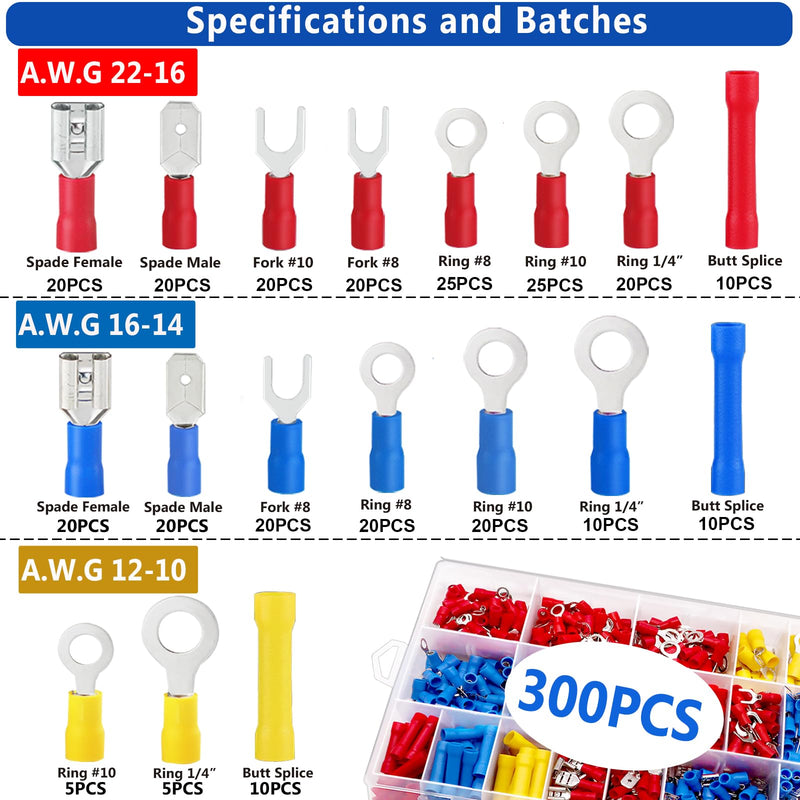 [Australia - AusPower] - Tnisesm 300PCS Wire Connectors Insulated Wire Crimp Connectors Assortment Kit with Ring, Spade, Butt, Quick Disconnect, Crimp Automotive Cable Terminals TN-T01 Insulated Connectors 