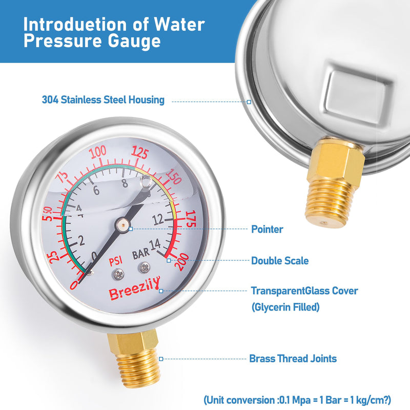 [Australia - AusPower] - Water Test Pressure Gauge Kit,2.5" Dial+12" EPDM Rubber+1/4" Lead-Free Valve+1/4 to 3/4 Adapter,0-200PSI/0-1.4MPA（Stainless Steel/Color） Red Kit 