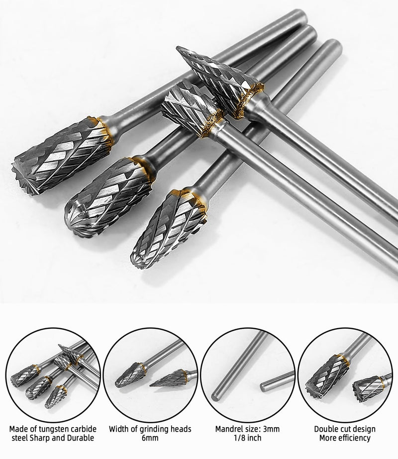 [Australia - AusPower] - Carbide Burr Set for Dremel, 10 Pieces Double Cut Burr with 3 mm Shank Compatible, for Grinding, Carving, Metal Polishing, Engraving, Drilling 