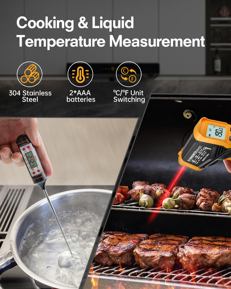 [Australia - AusPower] - Infrared Thermometer, Small IR Temperature Meter -50°C - 600°C (-58°F-1112°F), Non-Contact Digital Laser Thermometer with Meat Thermometer, Non-Medical, for Cooking/Barbecue/Freezer 600°C version with meat thermometer 