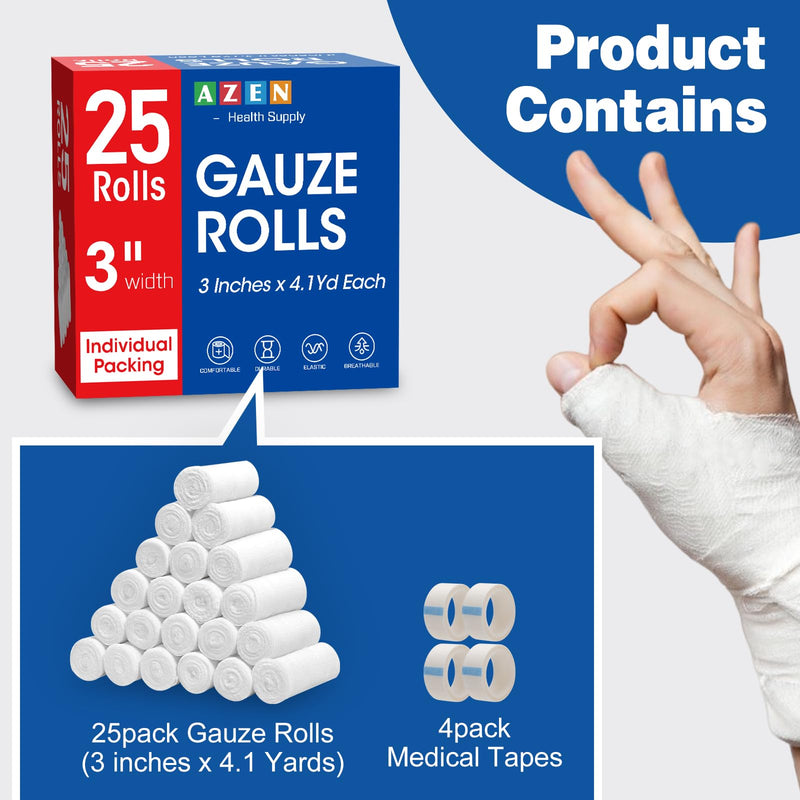 AZEN 25 Pack Gauze Rolls Bandages, 3 in x 4.1 Yards, Premium Medical Supplies & First Aid Supplies, Bandage Wrap Vet Wrap, Mummy Wraps A-25p