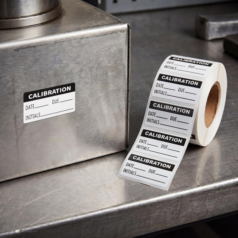 500 PCS Black and White Calibration Labels - 3/4 x 1 1/2 Inch Adhesive Calibration Stickers with Date, Due, Inspector Initials for Manufacturing Laboratories Warehouses