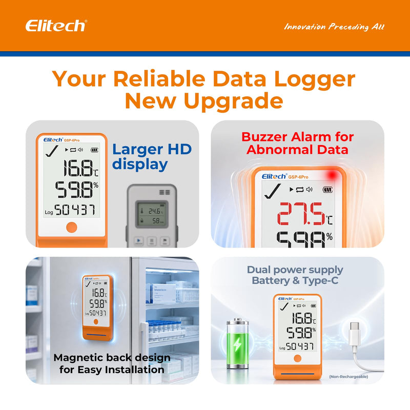 Elitech GSP-6 Pro-TE+THE Temperature Data Logger, Temperature and Humidity Data Logger, Large Storage Capacity, External Sensor, Alarm Function, Free Data Export Software Temperature logger GSP6 Pro latest
