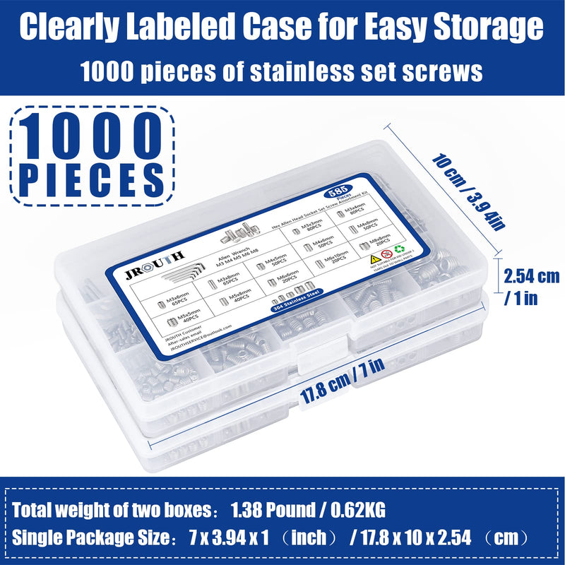 [Australia - AusPower] - 1000pcs Metric + SAE Set Screw Assortment Kit, Internal Hex Drive Cup-Point Allen Screws Set 304 Stainless Steel Grub Screw (M3-M8, 1/8""-40 to 5/16""-18) Silver Set Screws 1000PCS 