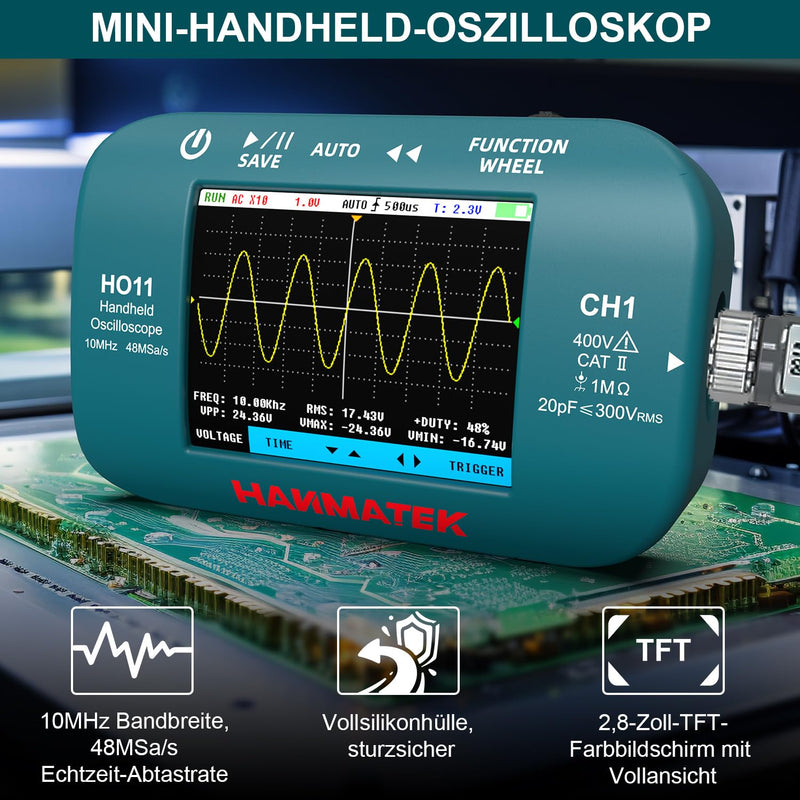 HANMATEK HO11 Handheld Digital Oscilloscope | 10 MHz bandwidth, 48 MSa/s sampling rate, 2.8 inch TFT display, USB rechargeable, practical trigger system for field work HO11 10MHz