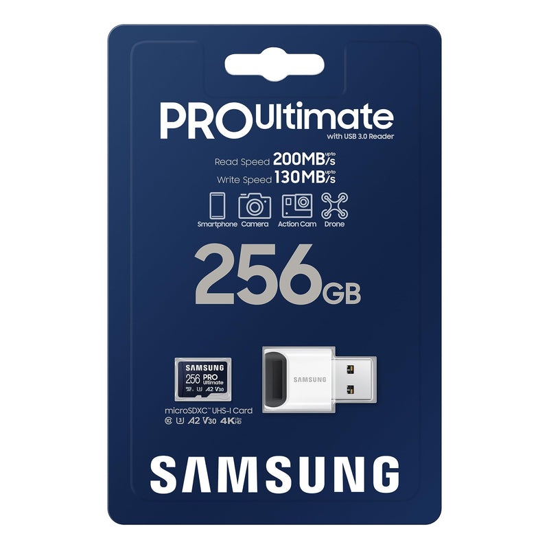 [Australia - AusPower] - SAMSUNG PRO Ultimate microSD Memory Card + Adapter, 256GB microSDXC, Up to 200 MB/s, 4K UHD, UHS-I, Class 10, U3,V30, A2 for GoPRO Action Cam, DJI Drone, Gaming, Phones, Tablets, MB-MY256SA/AM Micro SDXC PRO Ultimate (200MB/s) 