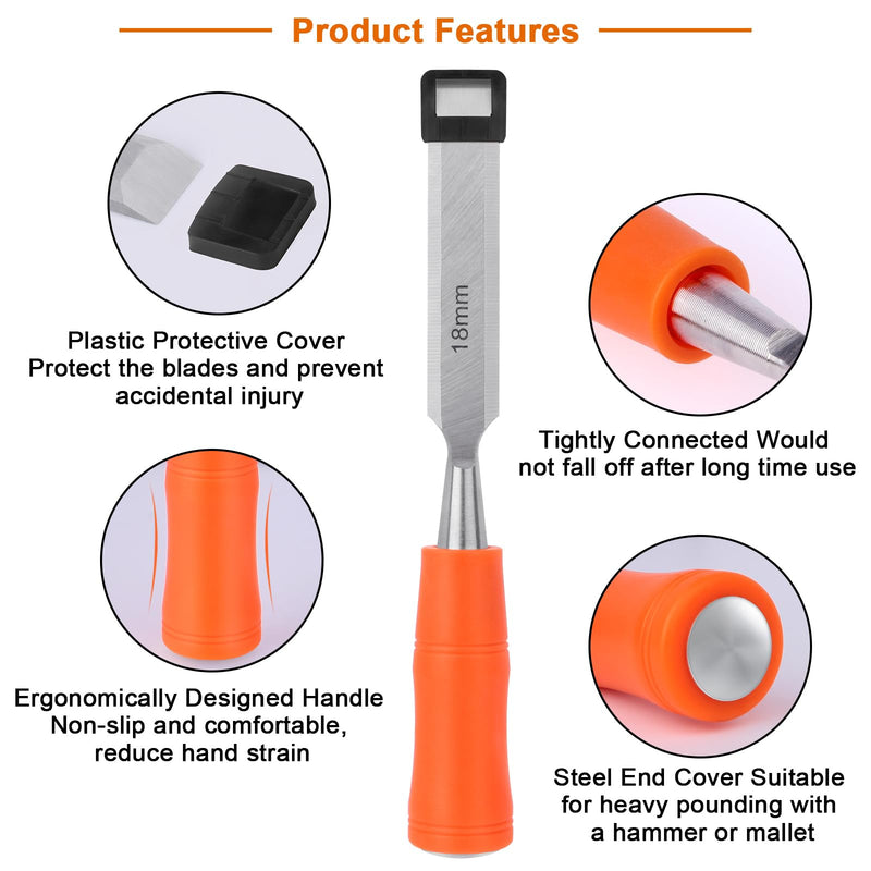 [Australia - AusPower] - 4 Piece Wood Chisel Sets Woodworking Tools Set, Wood Chisels for Woodworking with Steel Hammer End, Wood Tools Chisel Set Woodworking with Ergonomic Plastic Handle, 6mm, 12mm, 18mm, 24mm 