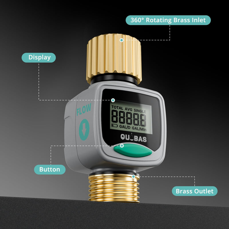 QUOBAS Water Flow Meter with Brass Fittings, Easy-Install Garden Hose Flow Meter for RV, Outdoor Plants, Lawn & Pool, Waterproof Screen, Tracks Gallon/Liter Usage, 4 Modes One Size 1
