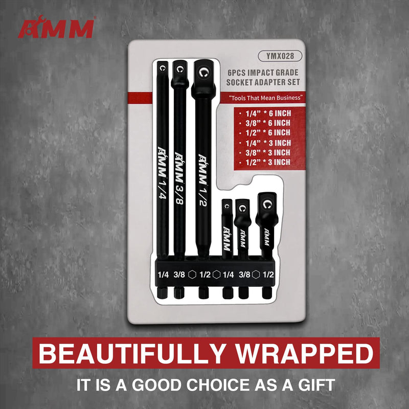 [Australia - AusPower] - AMM 6-Piece Impact Grade Socket Adapter Set, 3-Inch & 6-Inch Power Drill Socket Driver Adaptor, 1/4", 3/8", 1/2" Hex Shank Adapt Your Power Drill To High Torque Impact Wrench 6PCS?3 and 6-Inch? 