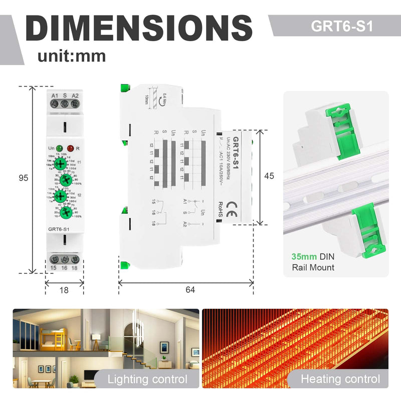 Asymmetric Cycle Timer Relay AC DC 24V-240Volt 10A, SPDT Mini Adjustable Repeat Cycle Time Relay Switch ON Off GRT6-S1, Electronic Timer Relay 10-Position from 1S to 1 Minute to 100 Days in Din Rai GRT6-S1 24-240V AC/DC 10A