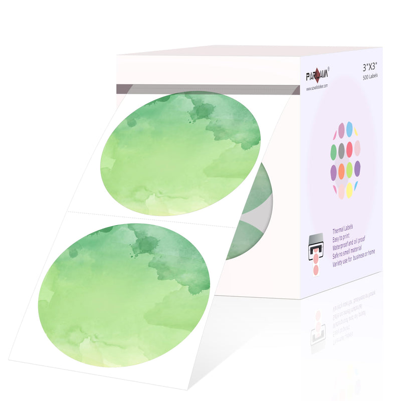 PARLAIM 3 Inch Watercolor Green Circle Thermal Sticker Labels, Self-Adhesive Round Address Labels, Multi-Purpose Roll Thermal Stickers Tap for Business-500 Labels/1 Roll 3 x 3 inch
