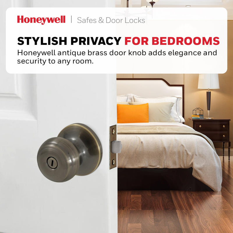 Honeywell Safes & Door Locks - Bedroom Door Knob with Lock and Key - Locking Interior Door Knobs Ideal for Closet, Room & Bathroom Requires Privacy - 5.25"L x 2.75"W Inches - Antique Brass - 8101102