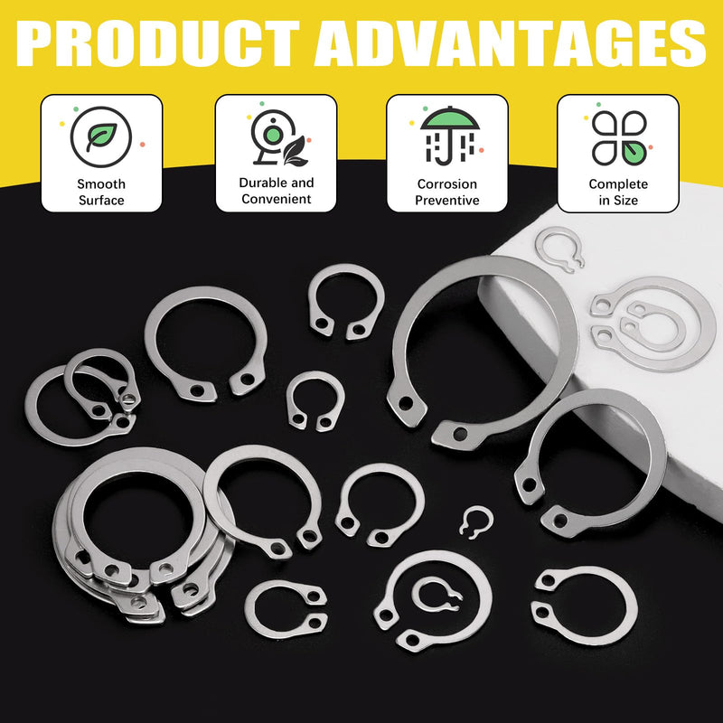 [Australia - AusPower] - 211Pcs 21 Sizes M4-M28 External Retaining Rings Assortment Kit, Stainless Steel Circlip Retainer Rings, Circlip Snap Retaining C-Clips with Tweezer for Axles, Shafts and Other Moving Parts Silver 