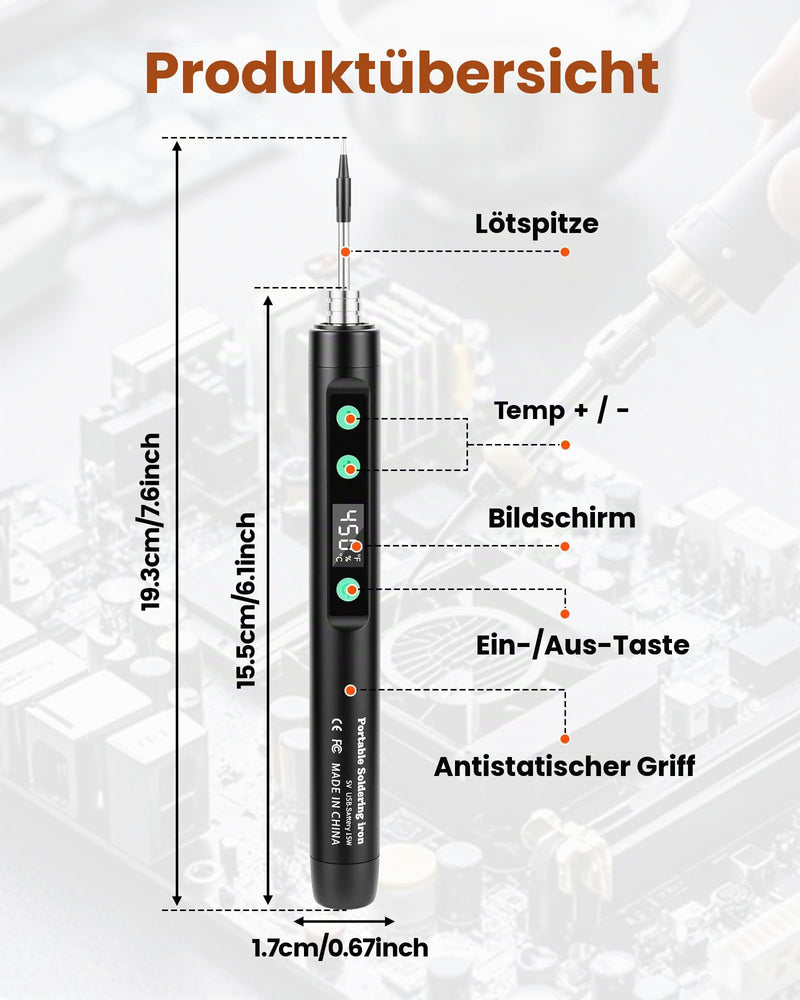 USB Soldering Iron with 3 Soldering Tips (K, 3C, B) | Portable Welding Kit 15W with Housing and Bracket | Quick Heating 8 Seconds | 3 Temperatures 180-450°C | Repair and Pyrography C