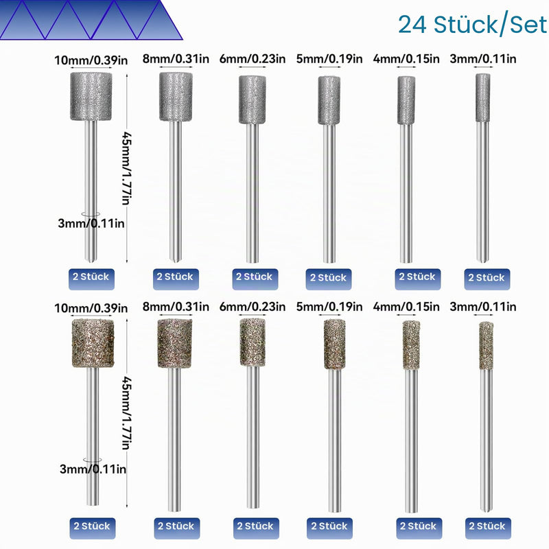 24 Piece Diamond Burr Set with 1/8 Inch Shank Diamond Grinding Points Grit 60 Grit 150 Burrs Sanding Pins with 3 mm Grinding Attachments for Carving Polishing