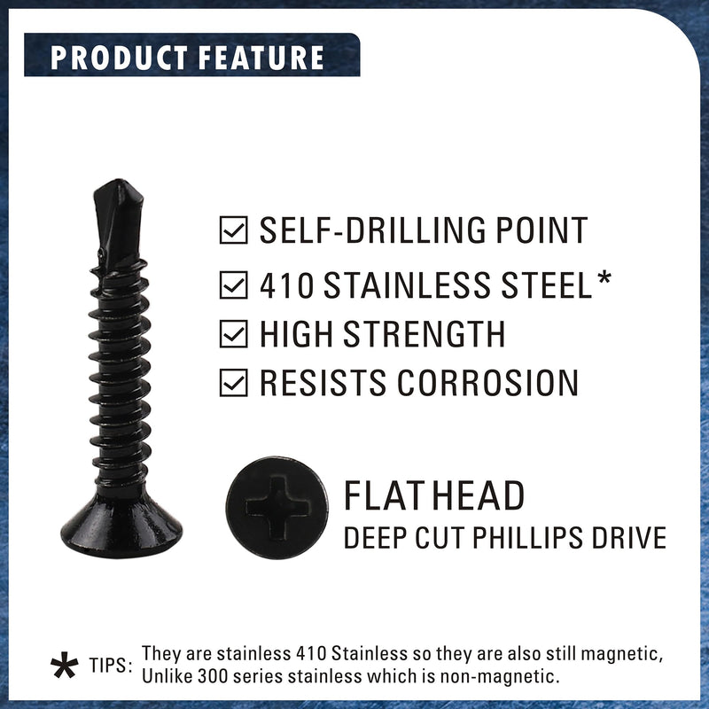 [Australia - AusPower] - 410 Stainless Steel #8 Self Drilling TEK Screw Assortment Kit, Flat Head Self Tapping Sheet Metal Screws, Length 1/2" 3/4" 1" 150 PCS - Black Oxide #8 Flat Head 