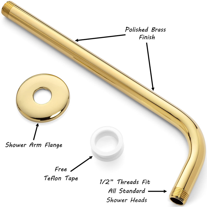 Aqua Elegante 12 Inch Shower Arm And Flange - Solid Stainless Steel Wall Mount Pipe Extension for Rain Showerheads & Fixed Heads, Standard 1/2 Inch Thread, Easy Install - Polished Brass