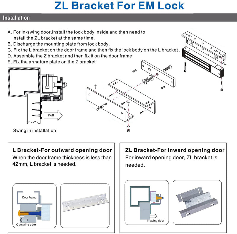 Z and L Bracket for 280KG 600LBS Holding Force Electromagnet Lock Single Door Access Control Electric Magnetic Door Lock Z and L Bracket