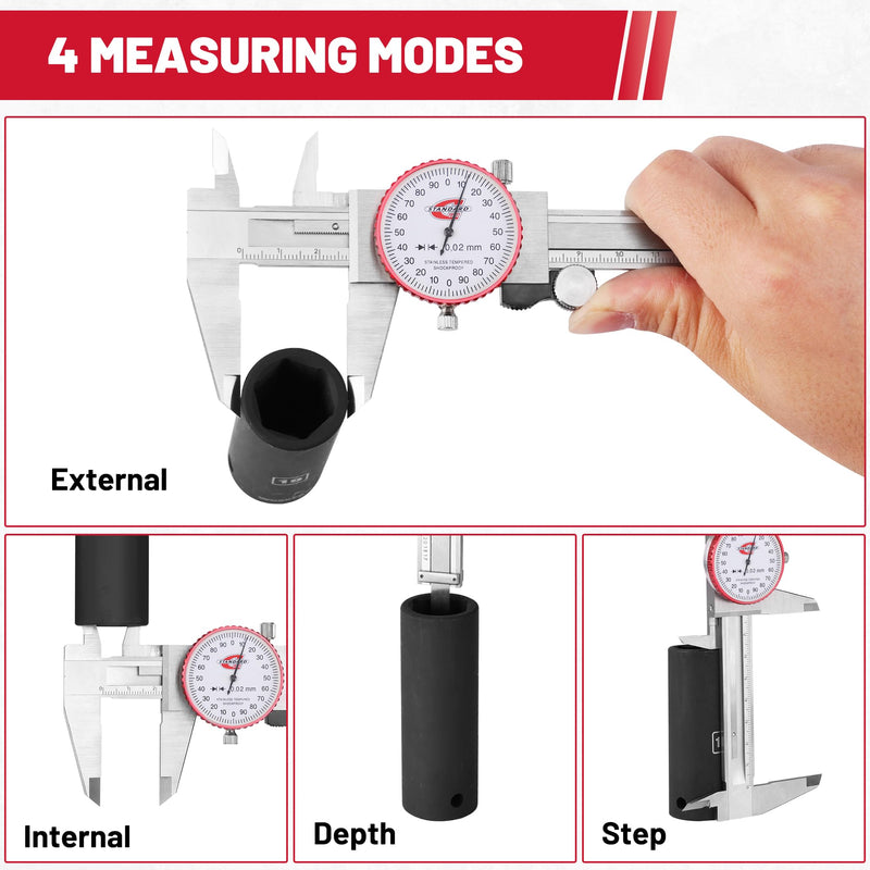 [Australia - AusPower] - Metric Dial Caliper Measuring Tool 0-150mm Range, Analog Precision Caliper ±0.02mm Accuracy, Manual Mechanical Metal Stainless Steel Measuring Dial with 4-Way Measurements Metric 