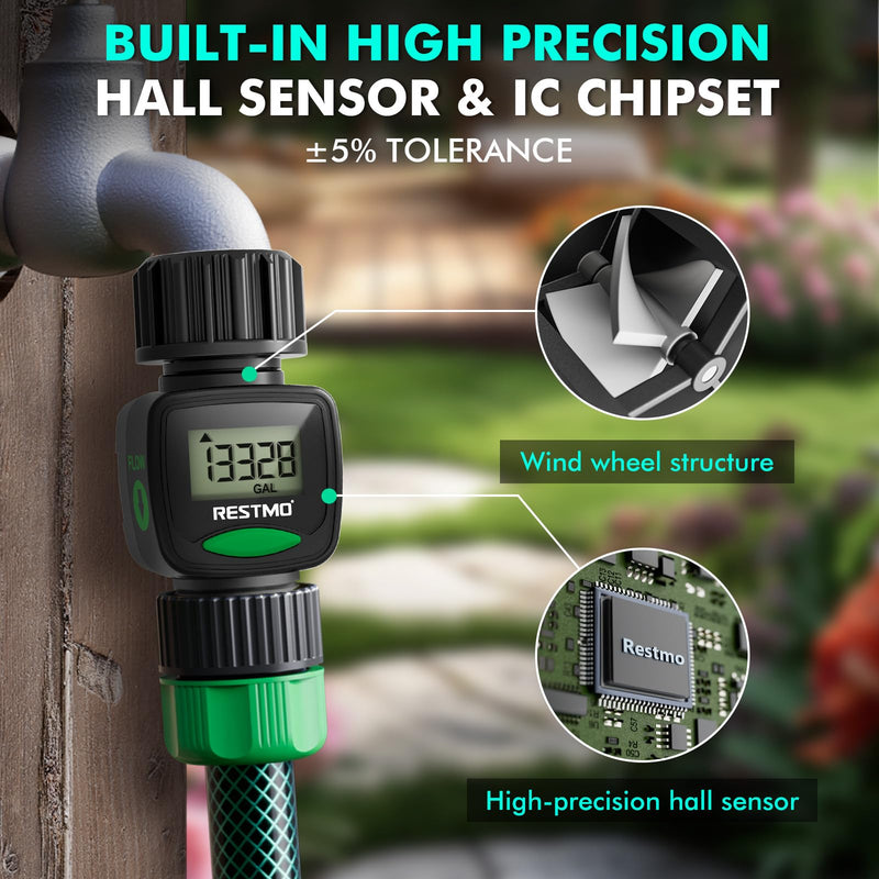 RESTMO Water Flow Meter, High Measure Accuracy, Measure Gallon/Liter Consumption and Flow Rate for Outdoor Garden Hose Watering, RV Water Tank Filling, Lawn Sprinkler and Nozzle Sprayer 1 Pack