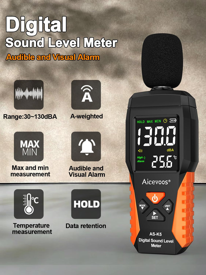 [Australia - AusPower] - Decibel Meter Portable Sound Level Meter dB Meter decibel sound Meter Measuring 30~130 dB, Audible and Visual Alarms, MAX/MIN Noise Measurement 