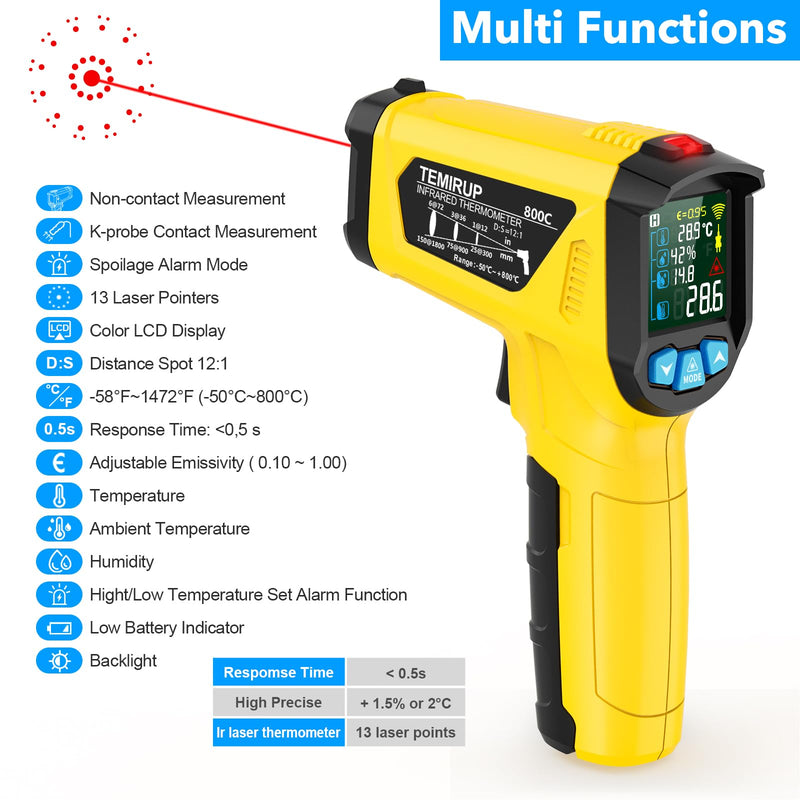 [Australia - AusPower] - Infrared Thermometer Temperature Gun,-58°F to 1472°F Non Contact Digital IR Laser Thermometer Temp Gun with Probe & Humidity Measurement for Cooking,Griddle,Engine,HVAC,Adjustable Emissivity Yellow-58°F to 1472°F(-50~800°C) 