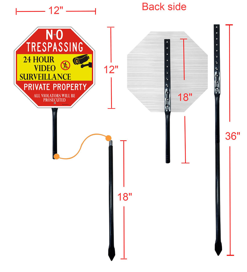Large No Trespassing Sign Private Property with 36" Metal Stake - 12 x 12 Inches 24 Hour Video Surveillance Signs, Rust-Free& Fade Resistant Aluminum (1 Pack) 12"x12"- 1Pack with Stong stake Red