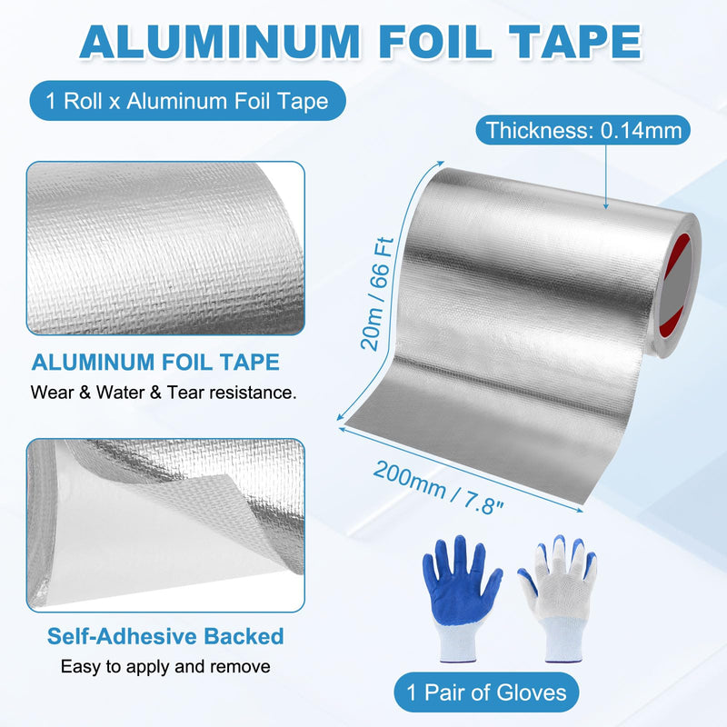 MECCANIXITY Fiberglass Aluminum Foil Tape, 7.8 Inch x 66ft Adhesive Aluminum Foil Heat Shield Tape Heat Resistant Sealing Tape High Temp Protection with Gloves for HVAC, Pipe, Auto 1