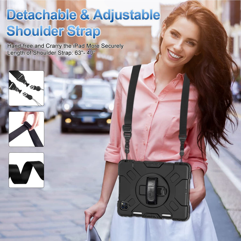 [Australia - AusPower] - SUPFIVES Case for iPad Pro 11 inch (2022/2021/2020), Upgraded Military Grade Shockproof Protector Silicone iPad Pro 11 4th Gen Cover Pencil Holder+ Handle+ Shoulder Strap+ Rotating Kickstand, Black Ipad pro 11 inch 2022/2021/2020/2018 