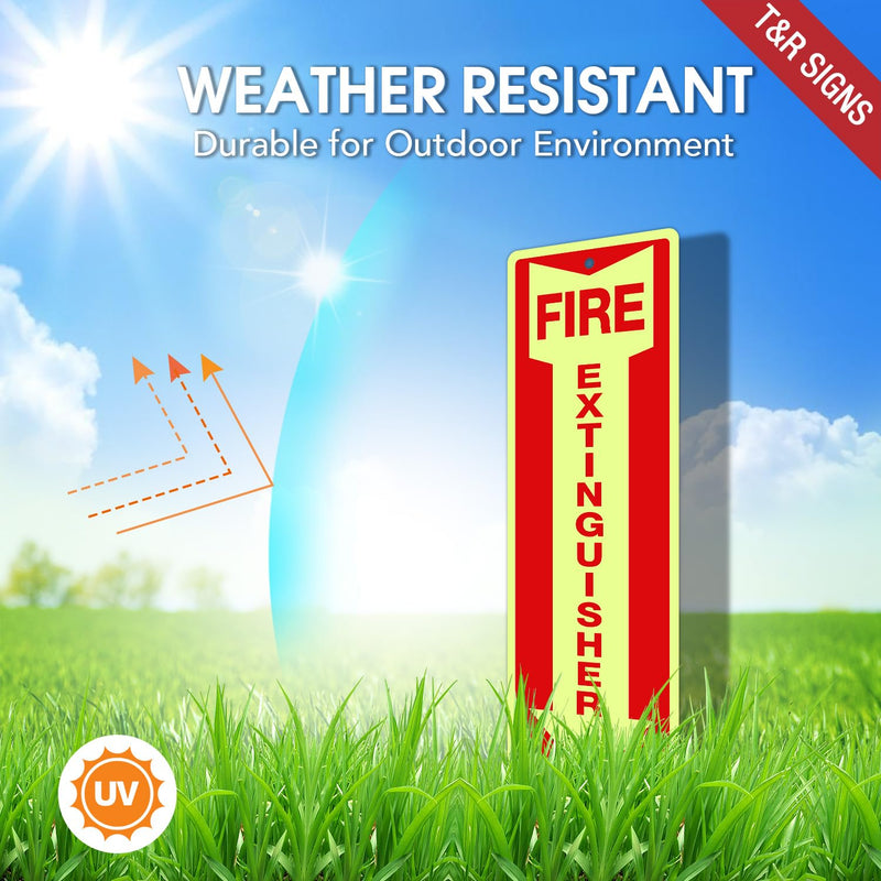T&R Fire Extinguisher Metal Sign - 12 Pack - 12"x4" .040 Rust Free Heavy Aluminum Glow-In-The-Dark, Waterproof, Weatherproof and Fade Resistant, 2 pre-drilled holes, Easy to Install Indoors and Outdoors 12" x 4" - 12 Pack - Glow-In-The-Dark