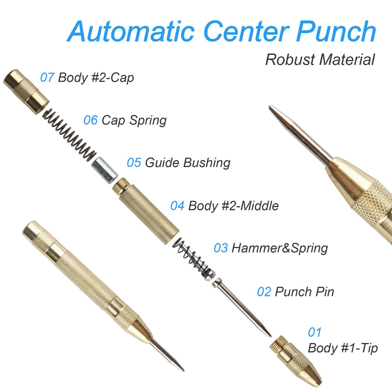 [Australia - AusPower] - 2Pcs Automatic Center Punch, 5'' Premium Spring Loaded Center Punch, Adjustable Spring Loaded Center Hole Punch, Heavy Duty Steel Automatic Center Marker Punch Tool for Metal, Wood, Glass by RNSXYAT 