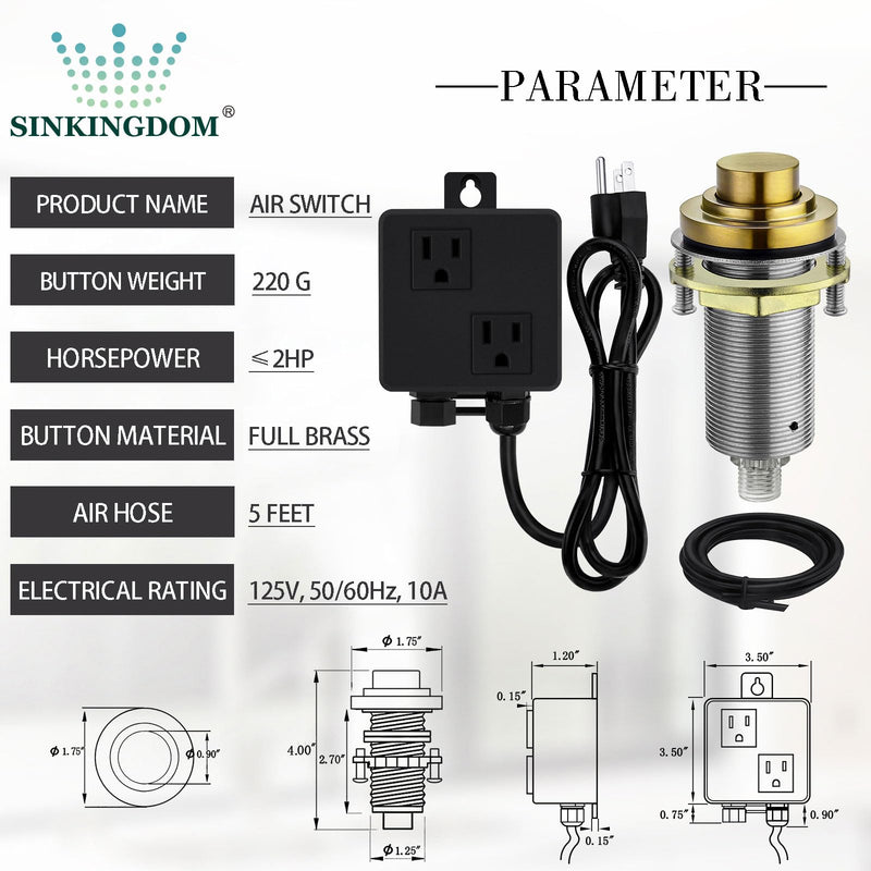 SinkTop Air Switch Kit (Long Full Brass Button) for Disposal, Dual Outlet, (Champagne Bronze) Champagne Bronze