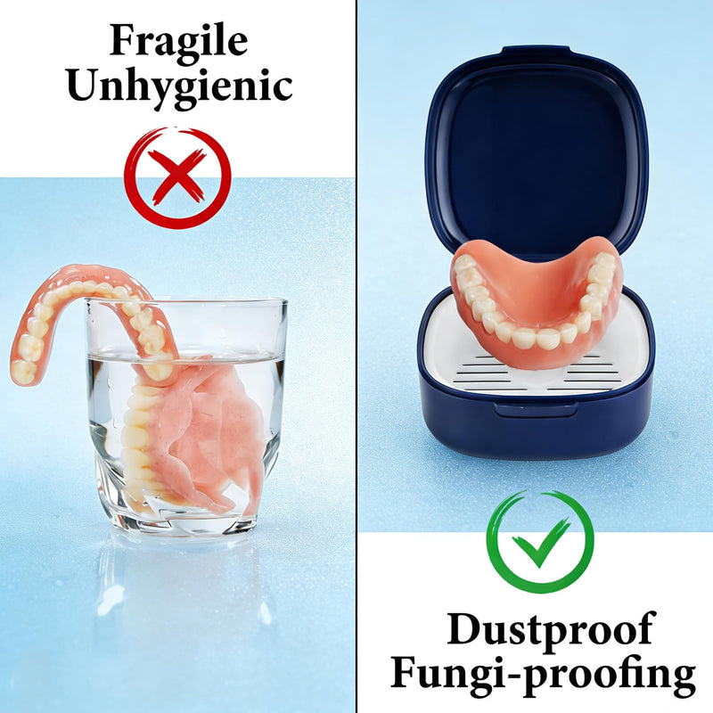 Denture Box with Strainer, Portable Denture Box Cover for Dentures and Braces with Removable Soaking Basket | Rinses and dries dentures without hand contact. Lightweight for handbag or toiletry bag. Protects braces from dust...