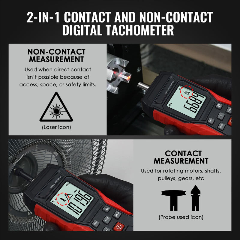 [Australia - AusPower] - TEKCOPLUS 2-in-1 Digital Tachometer with Laser & Contact Non-Contact Laser Tach Meter 3-99,999 RPM, Backlit RPM Gauge for Cars, HVAC, Motors 