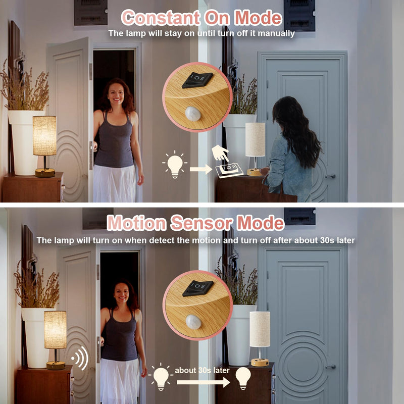 [Australia - AusPower] - lifeholder Table Lamp with Motion Sensor or Constant on Mode, USB Lamp Include One LED Bulb, Built in 1 USB Port & 1AC Outlet, Bedside Lamp Idea for Bedroom, Hallway, Bath Room Beige 