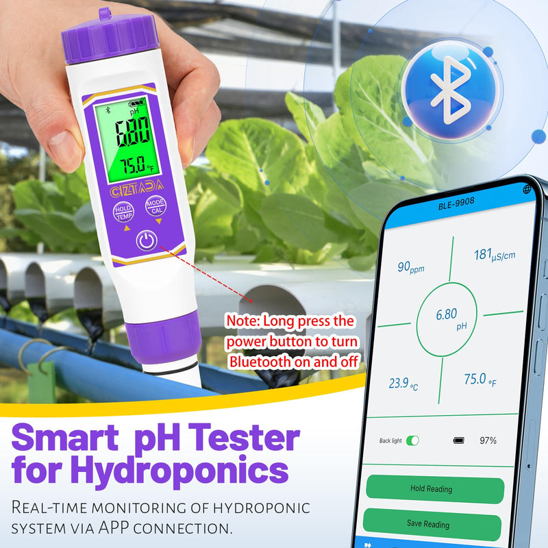 [Australia - AusPower] - Smart pH Tester and 1413 μS/cm Calibration Solution for Hydroponics Water, 4 in 1 pH EC TDS Meter with Conductivity Standard Calibration Solution Kit for Indoor Plant Growing 