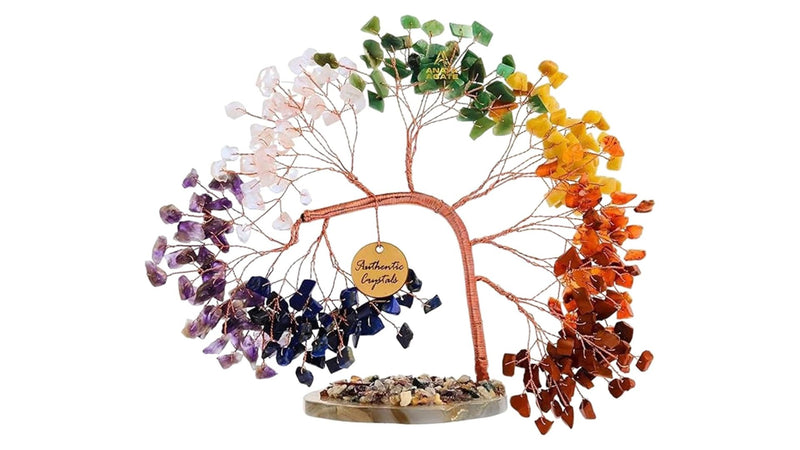 7 Chakra Crystal Tree of Life for Positive Energy, Home & Office Decor – Handmade Gemstone Money Tree with Slice Base, Feng Shui Good Luck Gift for Birthday, Anniversary, Christmas, Housewarming