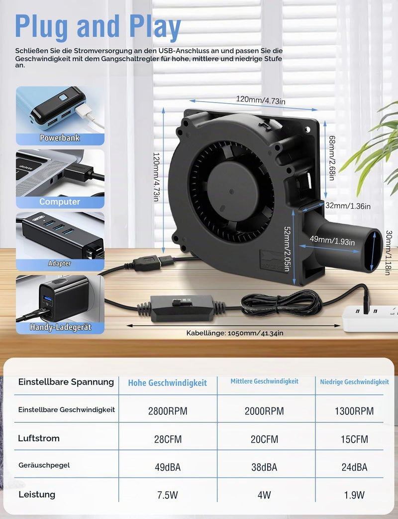 Wathai 120 mm x 32 mm USB Centrifugal Fan Turbines | Speed Controller for PC, Inflators, Fireplaces, BBQ Picnics, Grow Tents, 3D Printing, Cooling Fans for Household Appliances with Duct