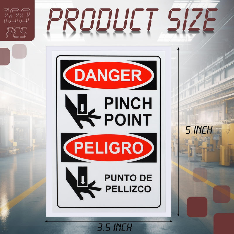 100 PCS Danger Pinch Point English + Spanish OSHA Label Decal - 5 x 3.5 Inch Bilingual Safety Warning Label Decal Vinyl for Machinery Equipment Industrial Warehouse 100