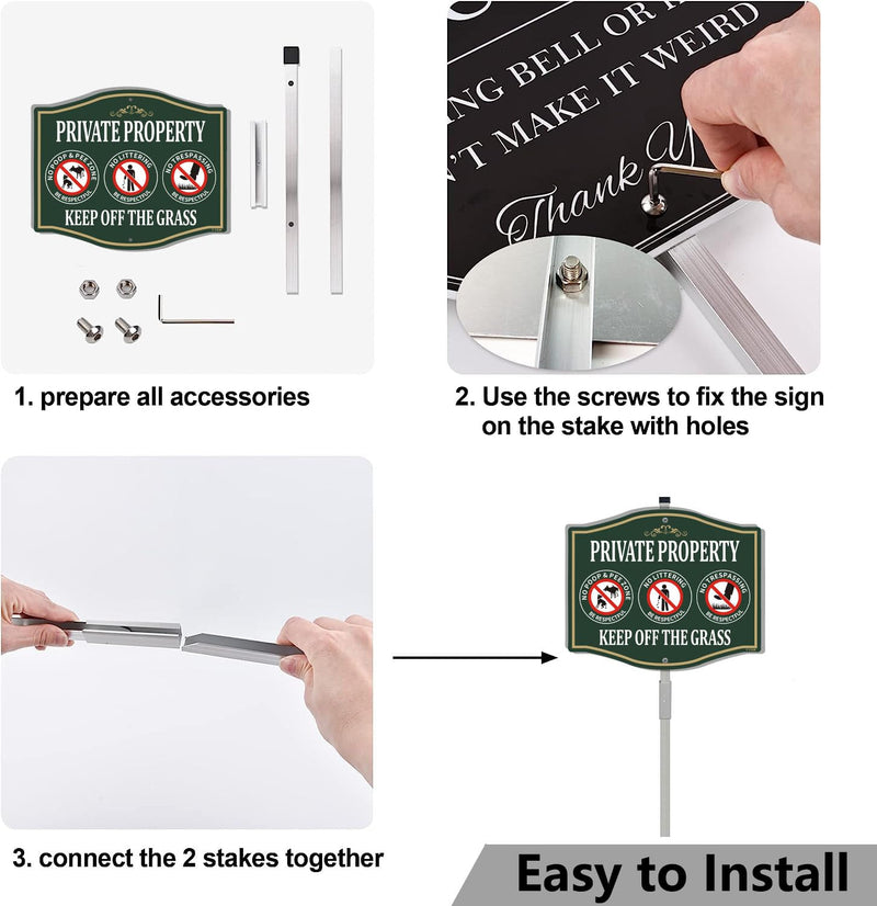 Private Property Keep Off Grass No Poop Pee Zone No Littering No Trespassing Sign 12" x 10" With 28" Long Metal Stakes Curb Your Dog Aluminum Outdoor Use Yard Lawn Home