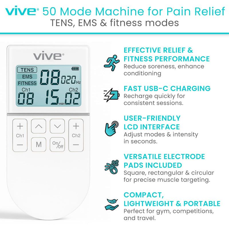 [Australia - AusPower] - Vive 50 Mode TENS Machine for Pain Relief Therapy - EMS & Tens Muscle Stimulator for Back, Body, Recovery, Cramps - Rechargeable Unit with 8 Reusable Electrode Pads & Adjustable Intensities 