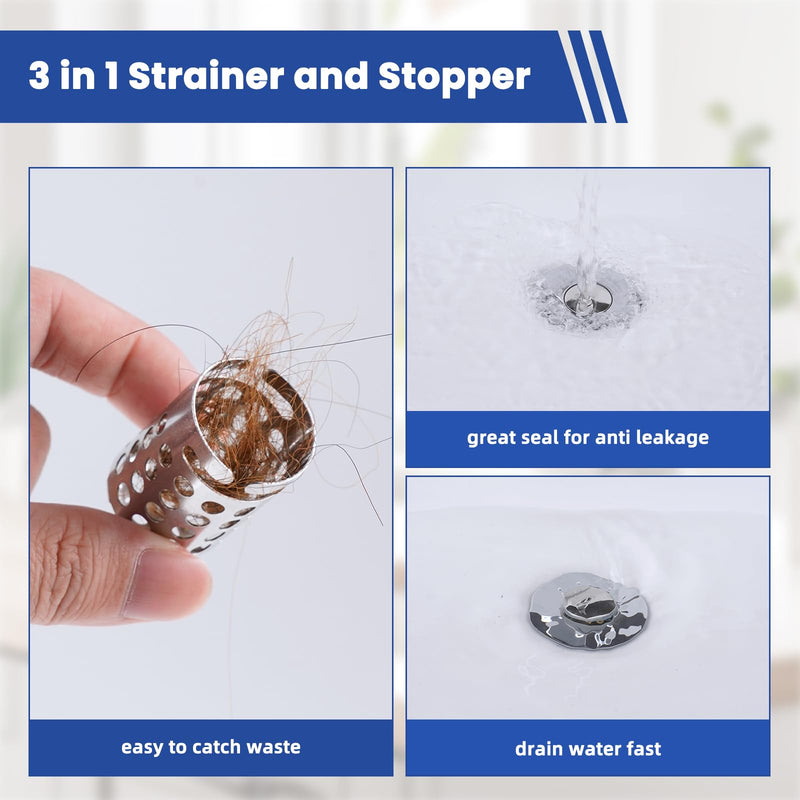 3PCS Universal Bathroom Sink Drain Strainer Hair Catcher, Chrome | Upgraded with Removable Stainless Steel Filter Basket, 3 in 1 Pop Up Sink Stopper for 1.1''~2.36'' Sink Basin Hole Chrome Finish