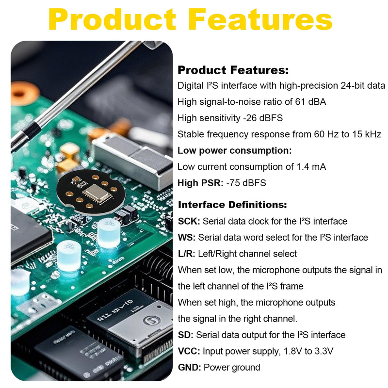 Pack of 3 Omnidirectional Microphone Module for INMP441 24 Bit I2S MEMS Interface Digital Output Microphone Compatible with ESP32 Arduino Microphone Module Precise Audio Recording for Voice Projects | 3 Stück Digitales Ausgang Mikrofon,Kompatibel für E...