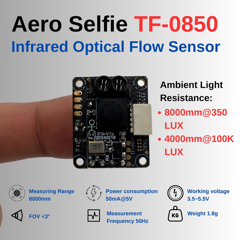 [Australia - AusPower] - AERO SELFIE Infrared Ranging Module TF-0850 dToF Sensor for Drones & Robots, ranging 20mm to 8000mm with ±2cm Accuracy, UART/I2C, 1.8g, 50Hz, 940nm, Obstacle Avoidance and Proximity Sensing 