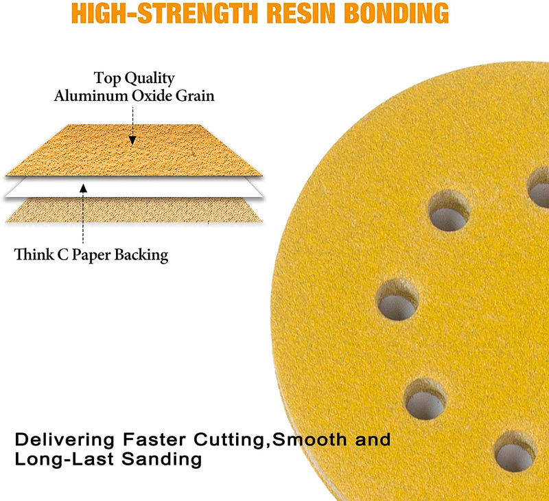 Stebruam Pack of 110 Sandpaper 125 mm Velcro for Eccentric Sanders | Professional Gold Round 125 Sanding Discs Round 8 Holes for 8 Hole Round Random Orbital Sander Sanding (60-800 with Grit) Pack of 110 mix grit